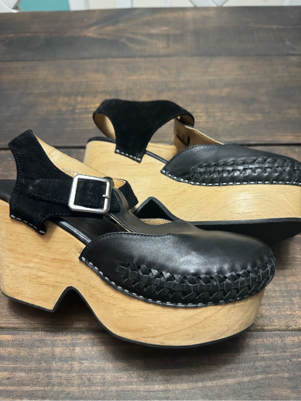 Free People Black Leather & Wood Platform Clogs